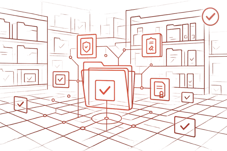 Illustration eines digitalen Dokumentenmanagement-Systems mit vernetzten Ordnern, Sicherheits-Icons und Häkchen im roten Hintergrund