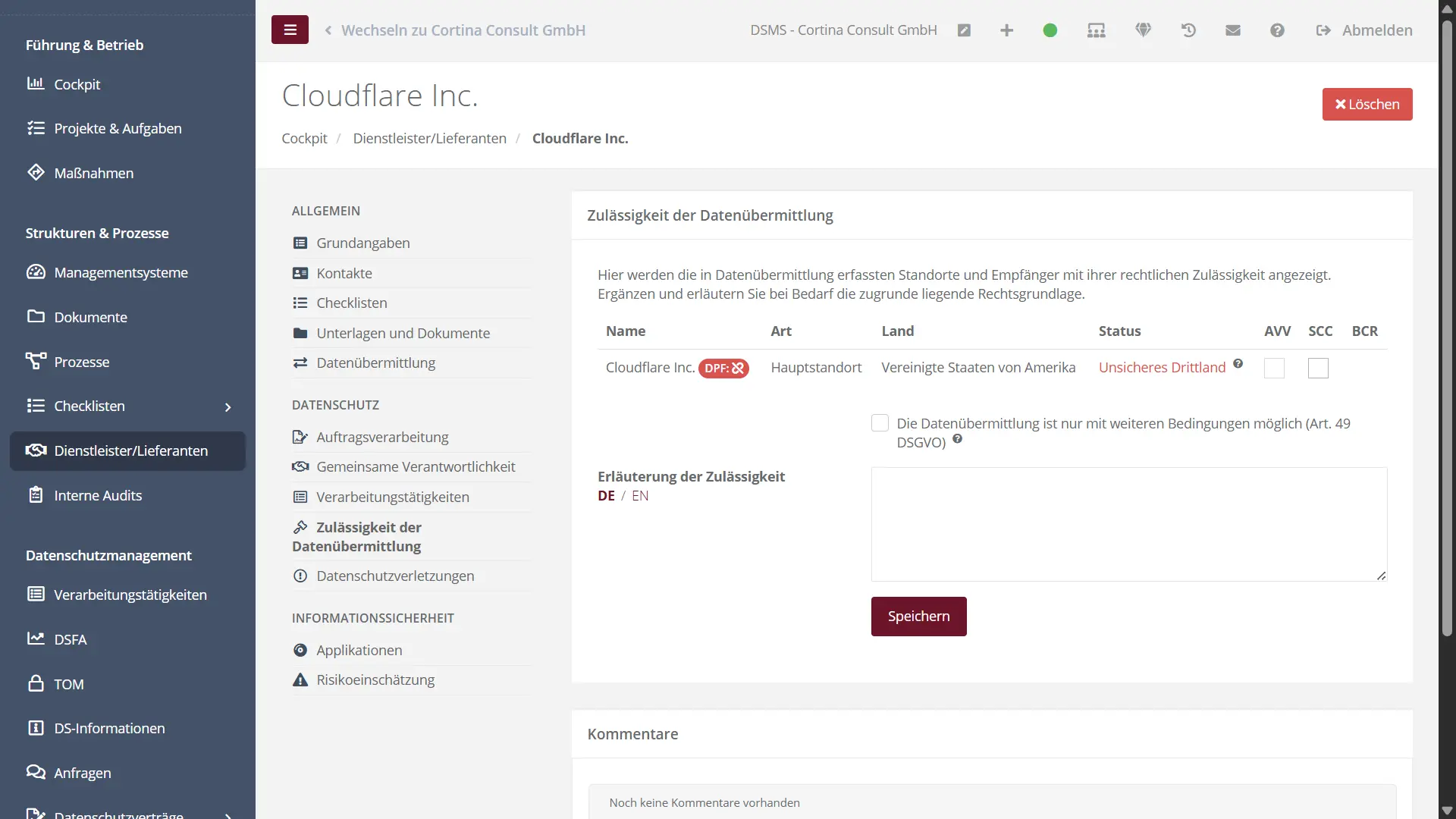 Darstellung einer DSGVO-Prüfung zur Datenübermittlung an Cloudflare Inc. mit rechtlicher Einstufung und Kommentarfeld