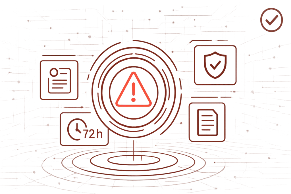 Rote Illustration mit Warnsymbol und Icons zu Datenschutz, Schutzschild und 72-Stunden-Frist für Meldungen von Datenschutzverletzungen