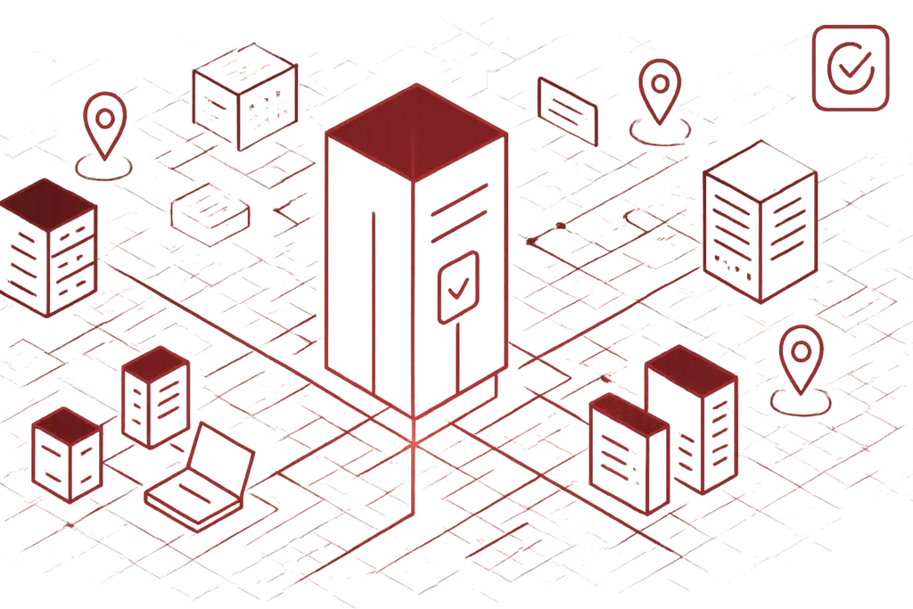 Visualisierung vernetzter Datenserver mit zentralem Kontrollsystem und Standortpunkten in rotem Lichtdesign für sicheres Datenmanagement