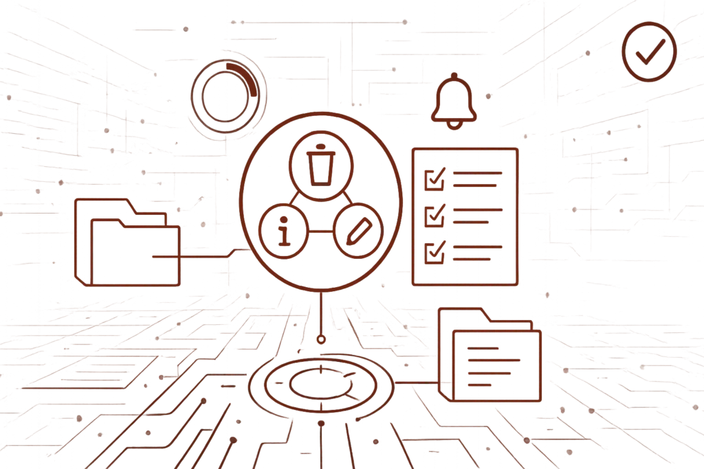Illustration mit Ordnern, Papierkorb und Checkliste symbolisiert Datenschutz, Datenpflege und Informationssicherheit im Unternehmen