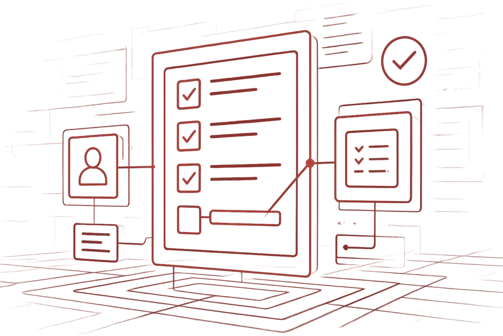 Konzeptgrafik zeigt Workflow-Management mit Checklisten, Dokumenten und Multi-Device-Synchronisation für Compliance