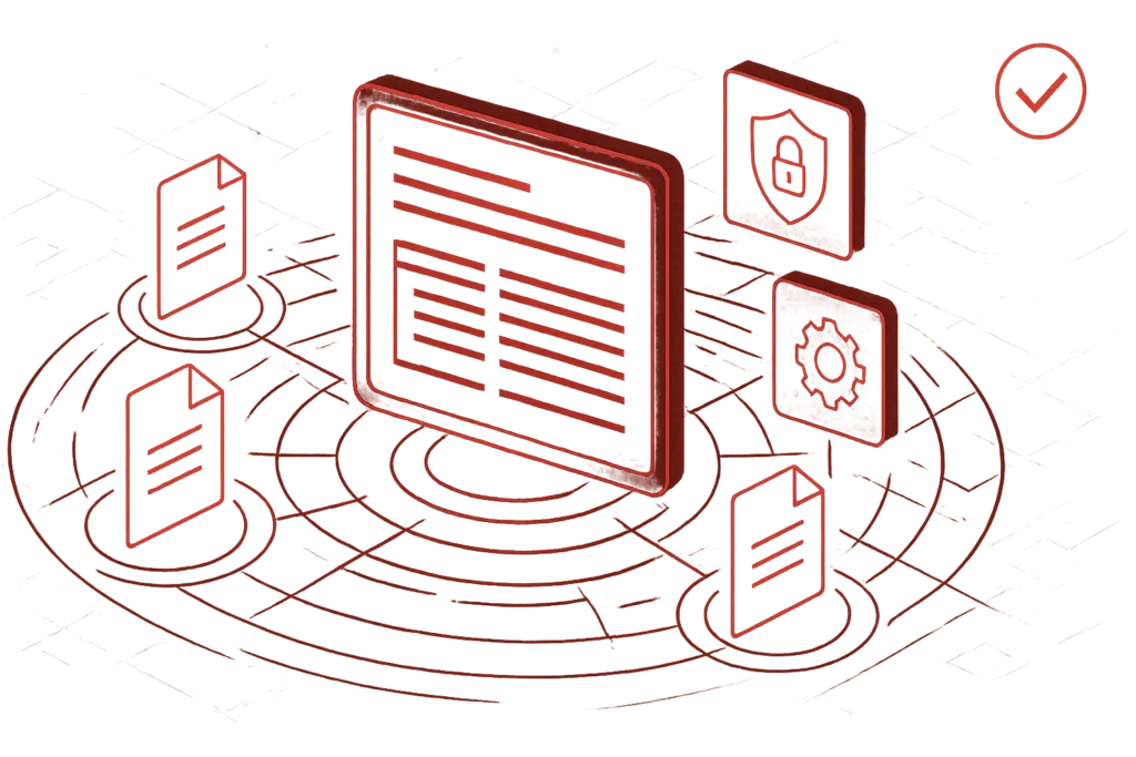 Abstrakte Darstellung eines Datenschutzmanagement-Systems mit Dokumenten- und Sicherheitselementen im IT-Kontext