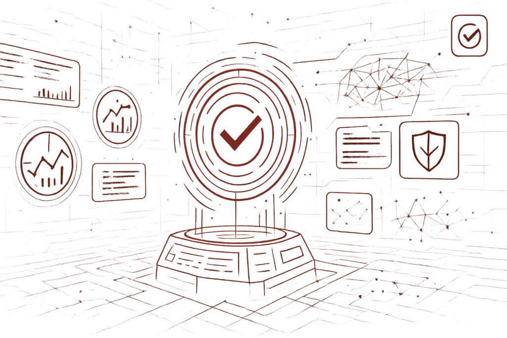 Grafische Darstellung eines digitalen Dashboards mit Check-Symbol, Datenvisualisierungen und Sicherheits-Icons im roten Hintergrund