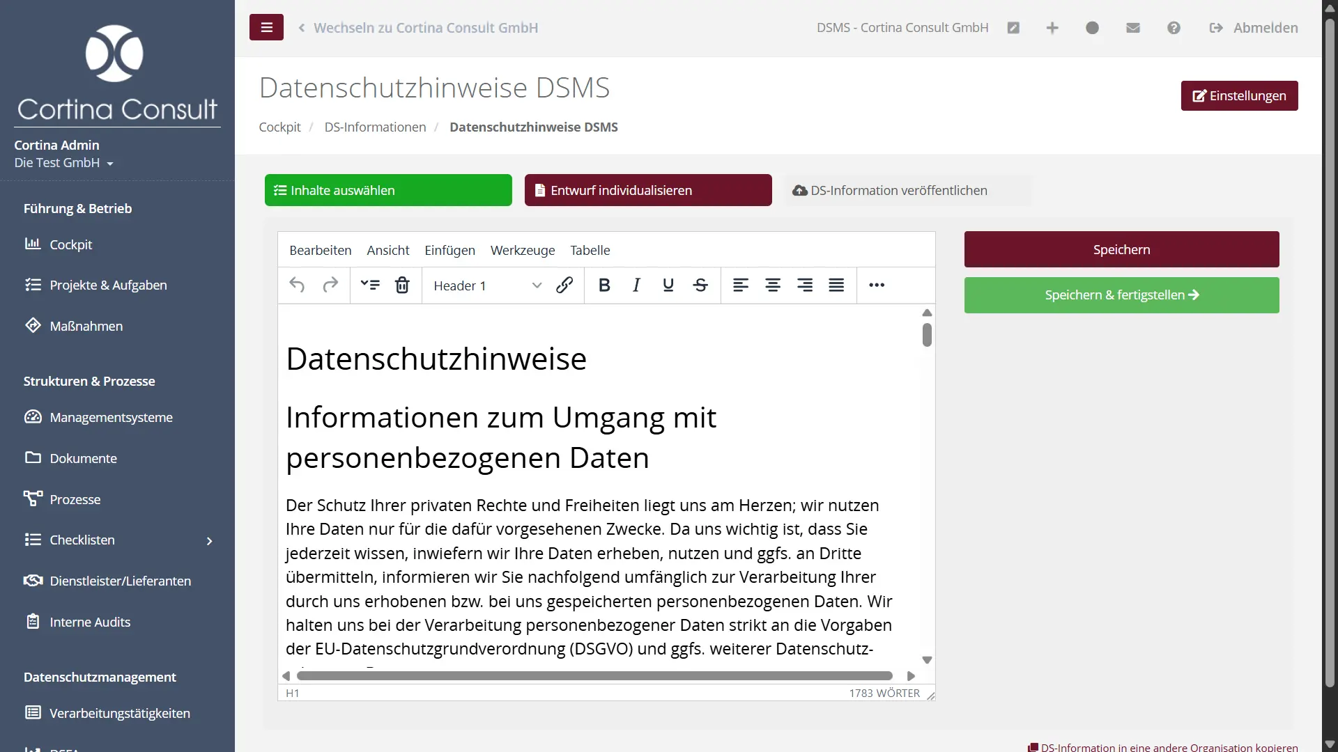 Benutzeroberfläche zeigt Texteditor zur Erstellung von Informationen zum Umgang mit personenbezogenen Daten im Datenschutzsystem