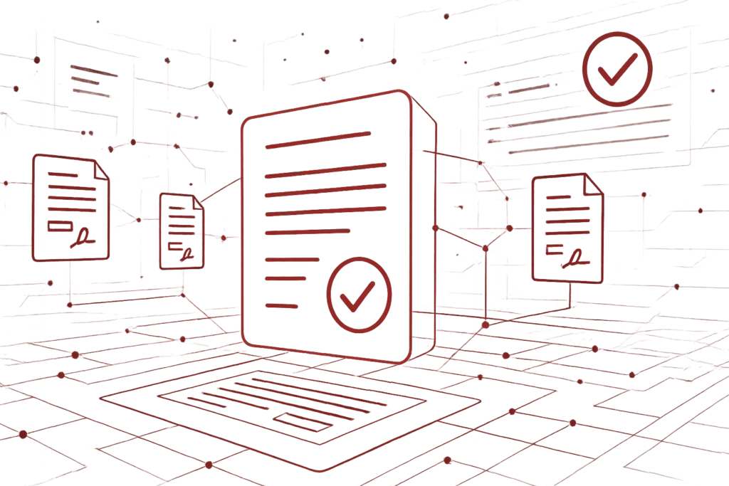 Rote Illustration mehrerer vernetzter Dokumente mit Häkchen-Symbol als Zeichen für digitale Verifizierung und Freigabe