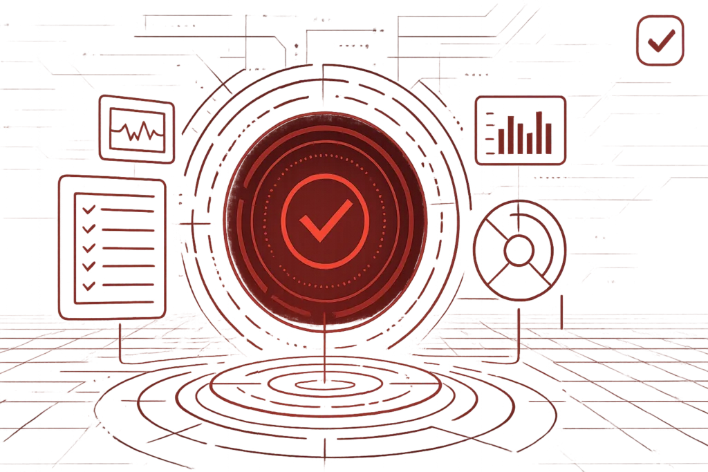 Visuelle Darstellung eines Erfolgssymbols mit Checkliste und Auswertungen für abgeschlossene Prozesse und Qualitätsprüfung