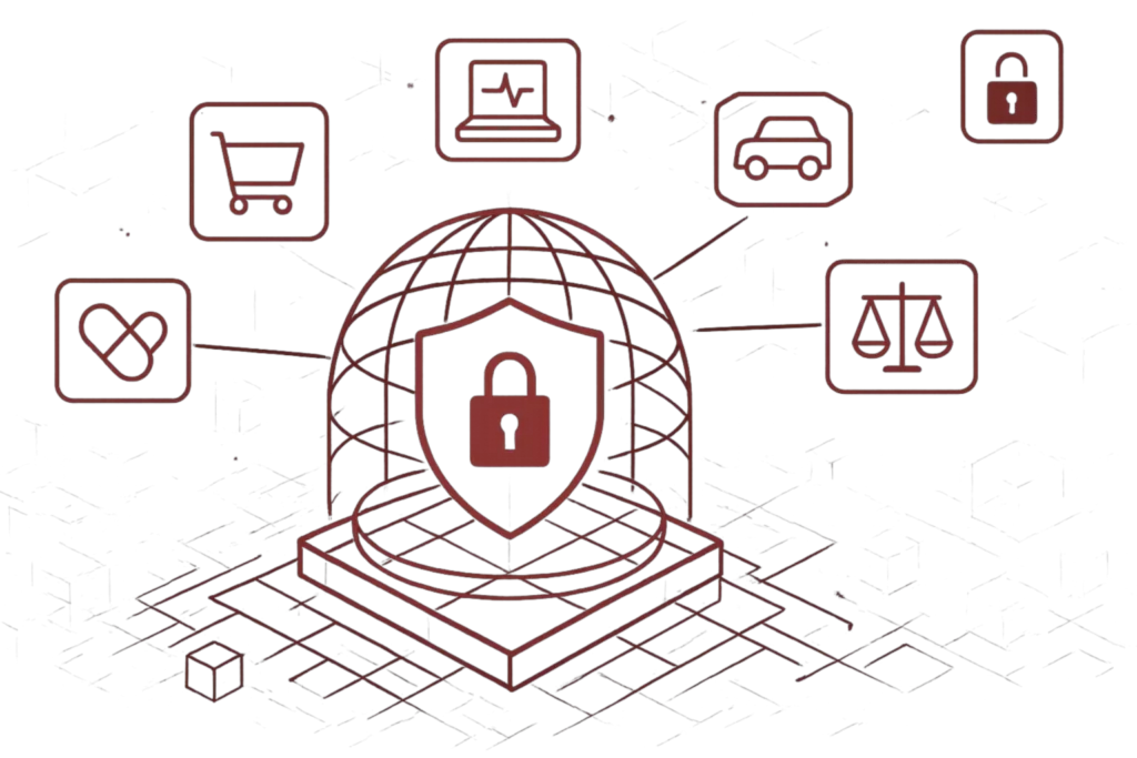 Rote Grafik mit Schild und Schloss, steht für digitale Sicherheit, Datenschutz und den Schutz von Online-Daten