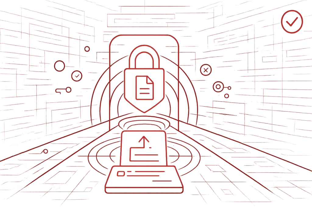 Illustration mit Schloss- und Datei-Symbol zeigt sichere Datenübertragung durch Verschlüsselung im digitalen Raum