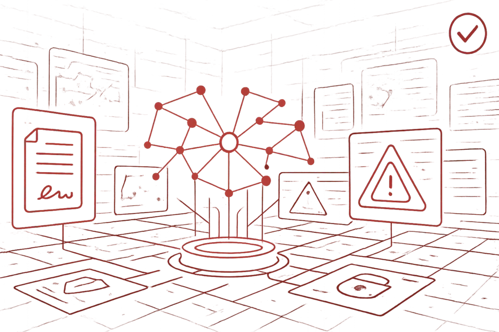 Abstraktes Netzwerkdiagramm mit verbundenen Knotenpunkten, umgeben von Symbolen für Datenschutz und Informationssicherheit