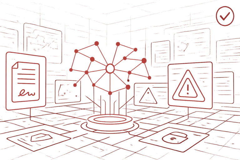 Abstraktes Netzwerkdiagramm mit verbundenen Knotenpunkten, umgeben von Symbolen für Datenschutz und Informationssicherheit