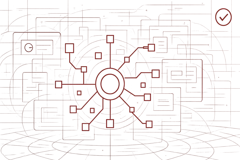 Abstraktes rotes Hintergrundbild mit zentralem Kreis und verbundenen Quadraten, das ein digitales Netzwerk oder Datensystem symbolisiert