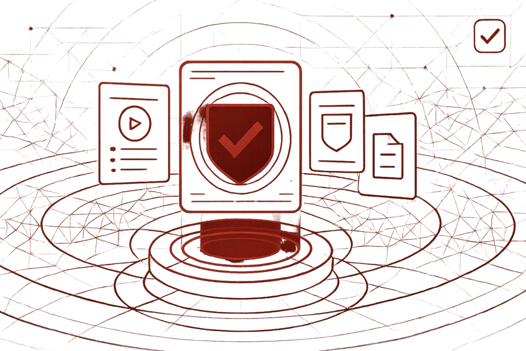 Grafik zeigt Sicherheitszertifikat mit Schildsymbol und digitalen Dokumenten als Zeichen für geprüfte IT-Sicherheit
