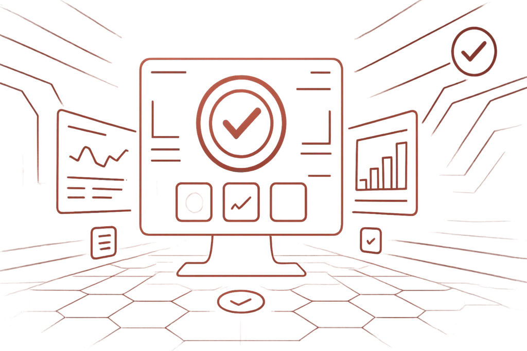 Grafische Darstellung eines Computerbildschirms mit Statistiken und Prüfsymbol als Symbol für erfolgreiche Datenauswertung