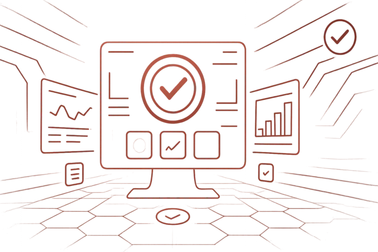 Grafische Darstellung eines Computerbildschirms mit Statistiken und Prüfsymbol als Symbol für erfolgreiche Datenauswertung