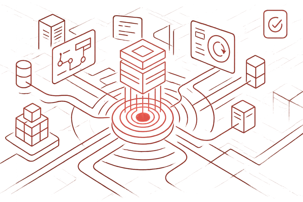 Abstrakte rote Illustration mit zentralem Serverstapel und vernetzten Datenleitungen als Symbol für IT-Systemintegration und Datenmanagement