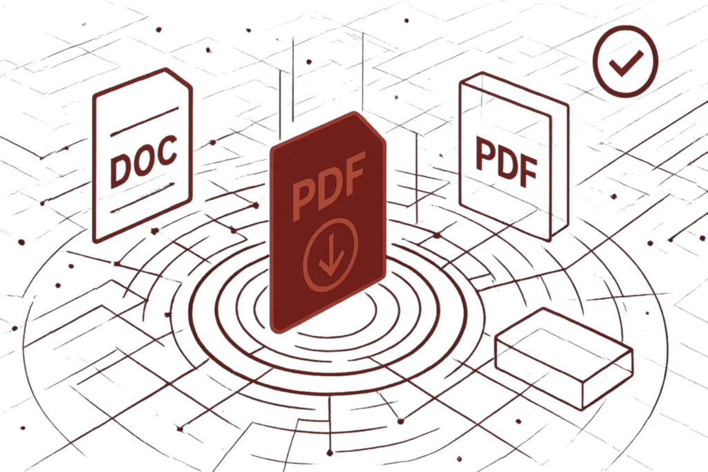 Abstraktes rotes Grafikdesign mit zentraler PDF-Datei und Download-Pfeil, umgeben von weiteren Dokument-Icons wie DOC und PDF