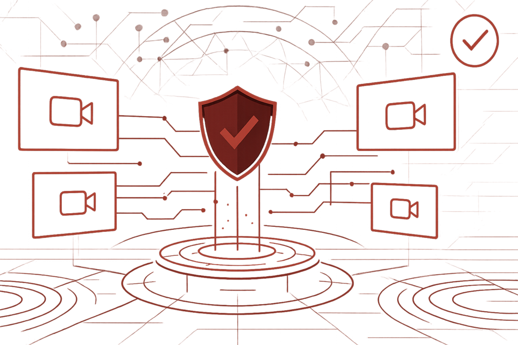 Abstraktes rotes Design mit Schildsymbol und Häkchen, verbunden mit mehreren Video-Icons – Symbol für sichere Online-Meetings und Datenschutz