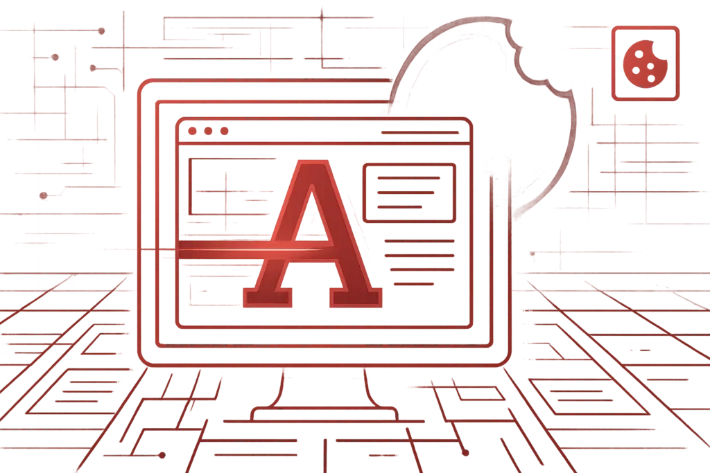 Abstrakte rote Grafik mit großem Buchstaben A auf Monitor, symbolisiert Webtypografie, Content-Darstellung und Online-Design