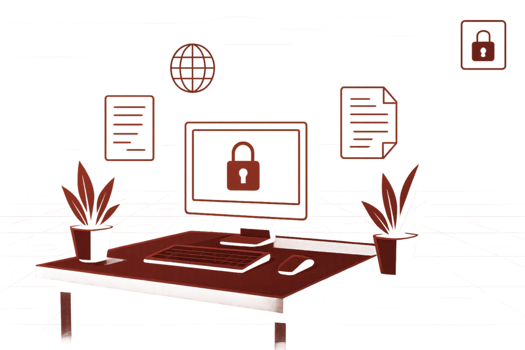 Illustration eines modernen Arbeitsplatzes mit Computer, Pflanzen und Schloss-Symbolen, die auf digitale Sicherheit und Datenschutz hinweisen