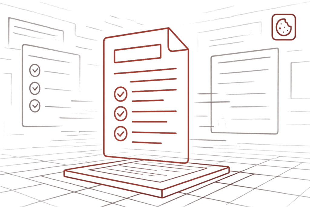 Grafik mit leuchtendem Dokument und Haken-Icons, verweist auf digitale Prüfprozesse und effizientes Aufgabenmanagement