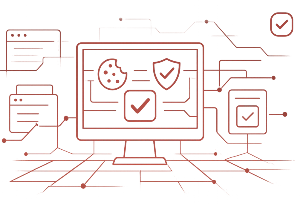 Digitale Grafik eines Monitors mit Cookie-, Sicherheits- und Bestätigungssymbolen als Darstellung von Datenschutz und Cookie-Einwilligung