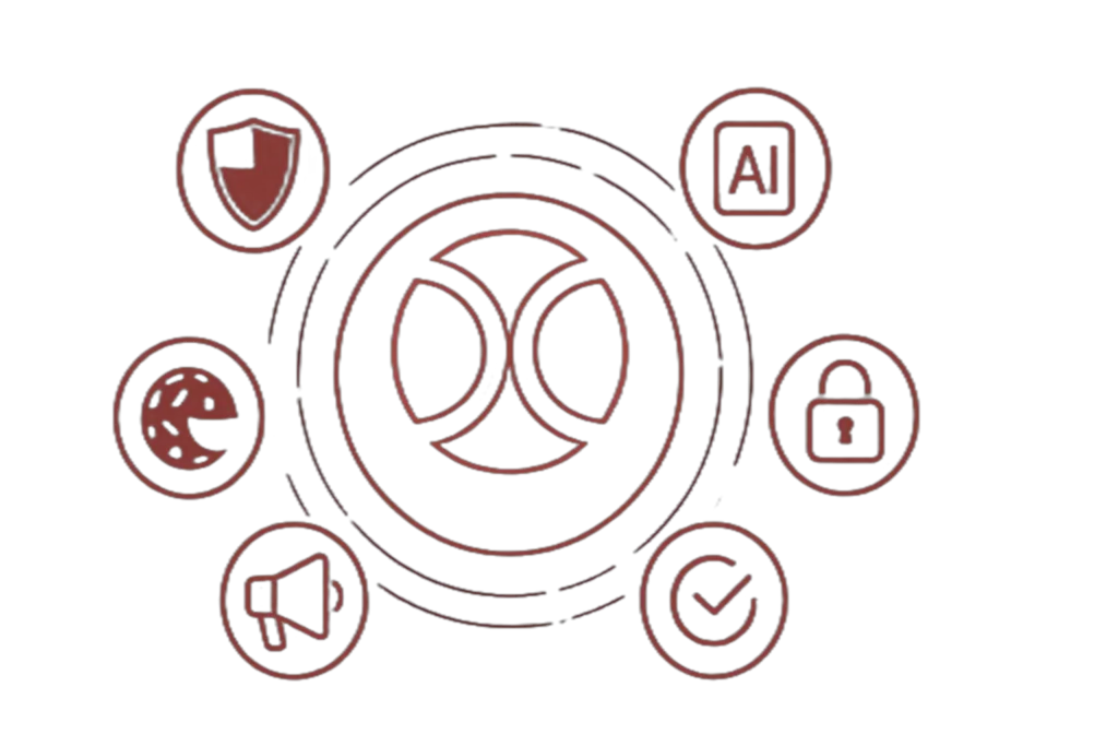 Grafik eines runden Plattformkerns, der von Symbolen wie Schild, AI, Schloss, Megafon, Globus und Haken umgeben ist und modulare IT-Dienste darstellt