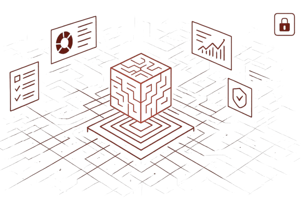 Rote Illustration eines digitalen Würfels mit Diagrammen und Sicherheitssymbolen, Darstellung von Datenanalyse und IT-Schutz