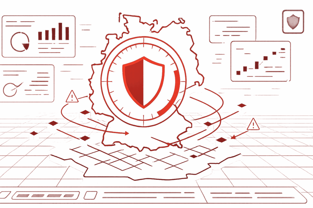 Abstrakte rote Darstellung Deutschlands mit großem Schutzschild, Analysediagrammen und Warnsymbolen, die digitale Bedrohungen und IT-Schutzmaßnahmen visualisiert