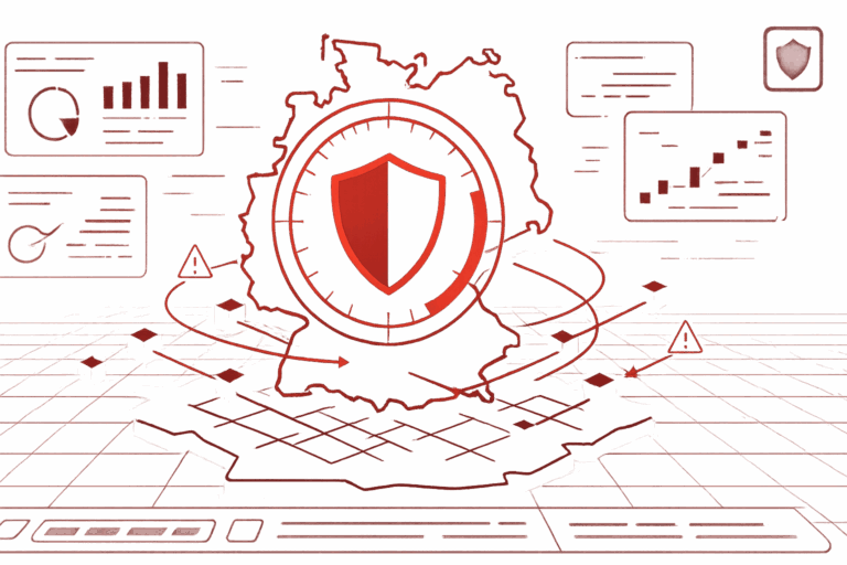 Abstrakte rote Darstellung Deutschlands mit großem Schutzschild, Analysediagrammen und Warnsymbolen, die digitale Bedrohungen und IT-Schutzmaßnahmen visualisiert