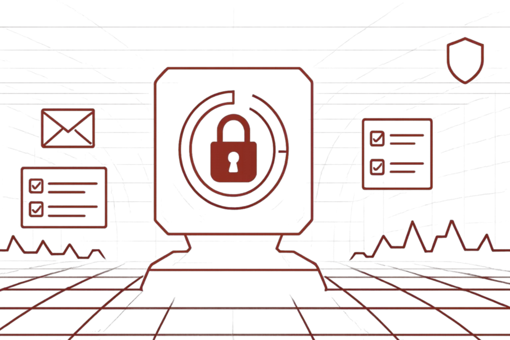 Rote Liniengrafik zeigt ein Schloss auf dunklem Hintergrund als Symbol für digitale Sicherheit und Schutz von Daten