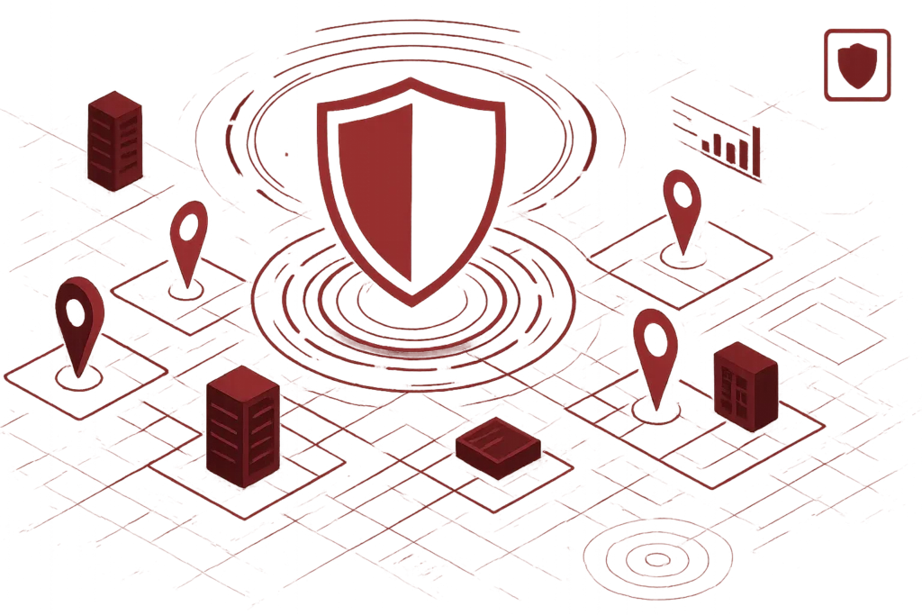 Rote Illustration mit Servern, Pins und Sicherheitsschild steht für Cybersicherheit und Schutz verteilter IT-Strukturen