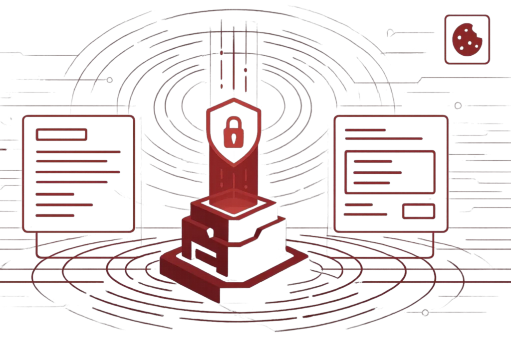 Digitale Grafik in Rot mit Schutzschild und Schloss-Icon, symbolisiert Datensicherheit, Cyberabwehr und sichere Systeme