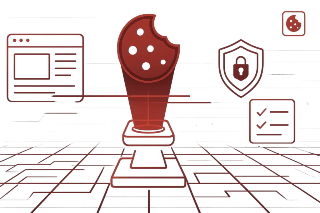 Digitale Illustration in Rot mit Cookie-Symbol und Datenschutz-Icons, verweist auf Cookie-Banner und Einwilligungsmanagement