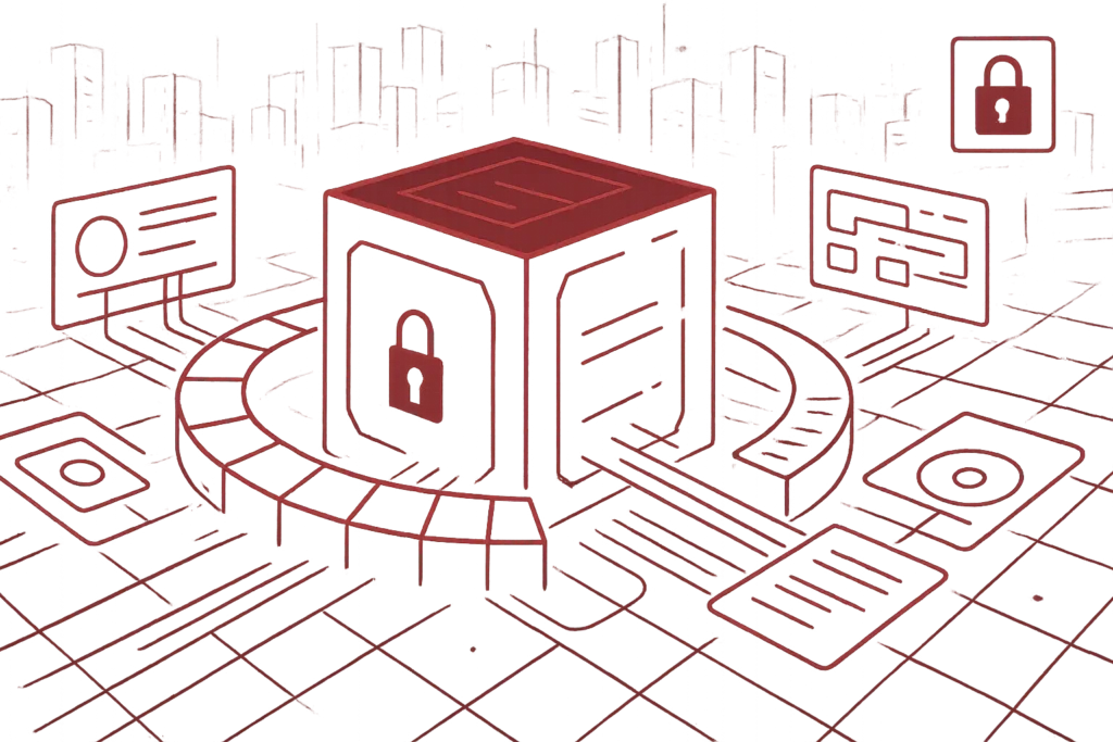 Rote Grafik eines gesicherten Datenservers mit umlaufenden Schnittstellen und Symbolen, die eine moderne, geschützte IT-Architektur zeigen