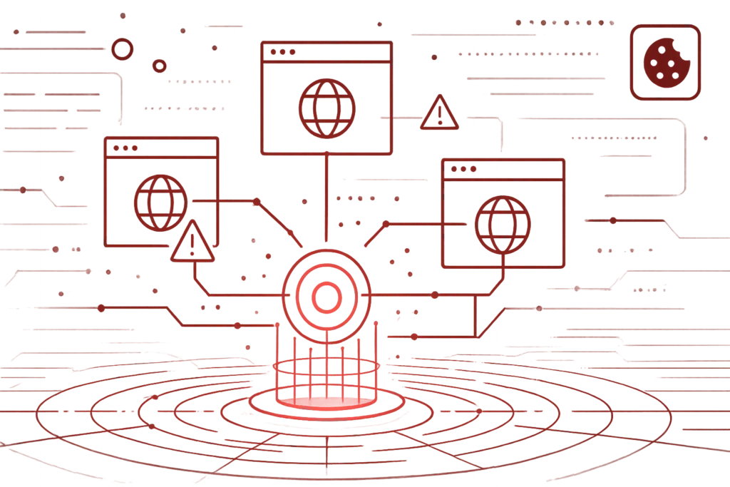 Grafik in Rot mit vernetzten Browserfenstern und Warnzeichen, symbolisiert Internetgefahren und IT-Sicherheitslösungen