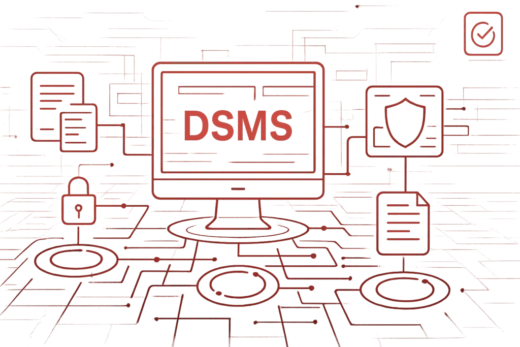 Grafische Darstellung eines Monitors mit der Aufschrift DSMS und Symbolen für Datenschutz, Sicherheit und Dokumentenmanagement in rotem Design