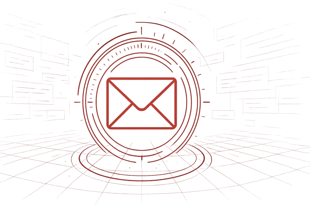 Digitale Illustration zeigt ein rotes E-Mail-Symbol in einem kreisförmigen, technischen Design auf dunklem Hintergrund