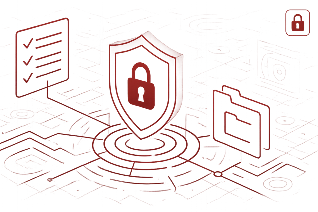 Digitale Grafik mit Sicherheitsschild und Datei-Icon, stellvertretend für IT-Schutz und Compliance im Datenmanagement
