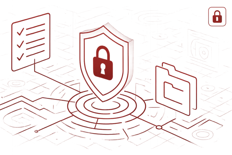 Digitale Grafik mit Sicherheitsschild und Datei-Icon, stellvertretend für IT-Schutz und Compliance im Datenmanagement