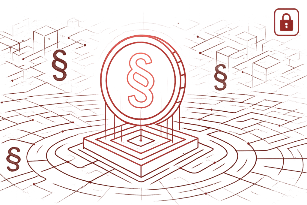 Rote Illustration eines Paragrafen-Symbols auf digitaler Plattform, Symbol für Datenschutzrecht und rechtliche IT-Compliance