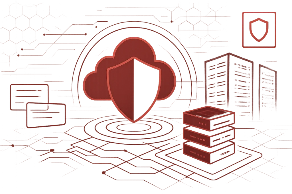 Illustration eines geschützten Cloud-Dienstes mit Schildsymbol, Servertechnik und vernetzten digitalen Elementen als Symbol moderner Cloud-Security