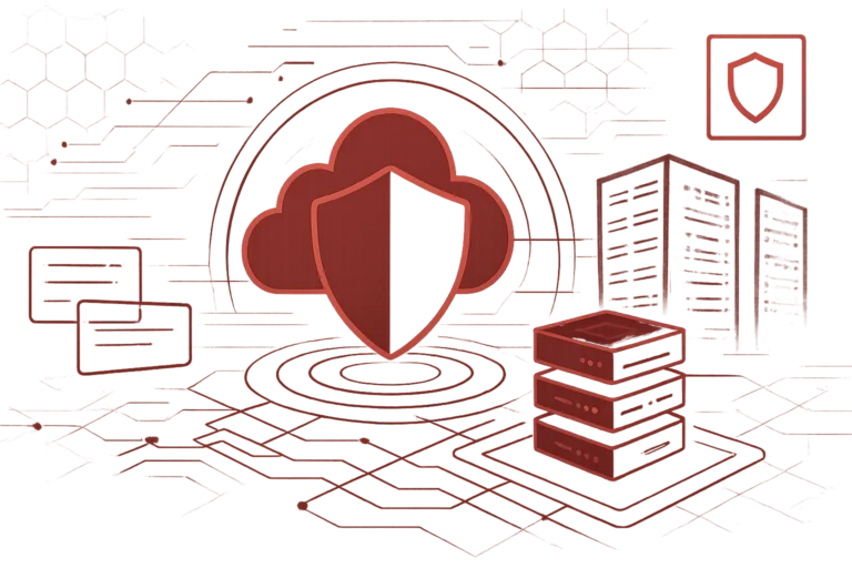 Illustration eines geschützten Cloud-Dienstes mit Schildsymbol, Servertechnik und vernetzten digitalen Elementen als Symbol moderner Cloud-Security