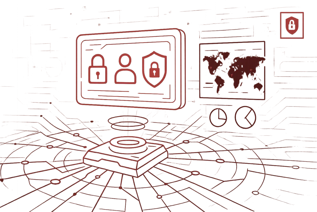 Digitale Grafik mit Schutzschild und Weltkarte, Symbol für internationales Cybersecurity-Management und Datensicherheit