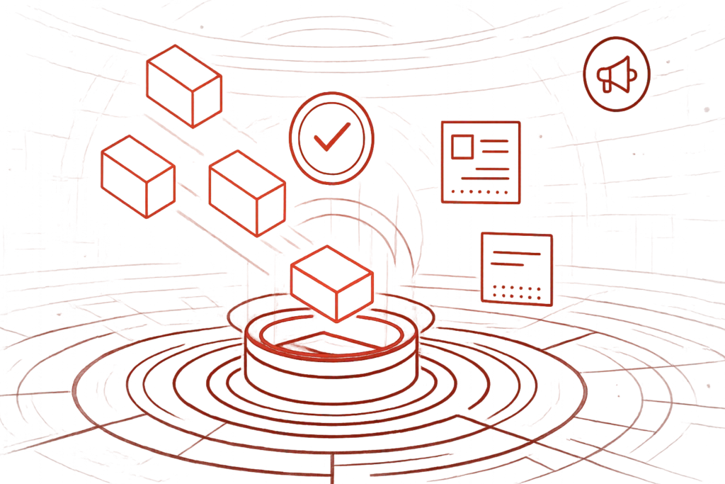 Rote Visualisierung mit Würfeln und Plattform symbolisiert modulare Systeme und digitale Workflow-Prozesse