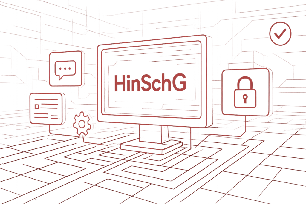 Digitale Grafik mit Monitor und der Aufschrift HinSchG, umgeben von Symbolen für Datenschutz, Kommunikation und Compliance in rotem Design