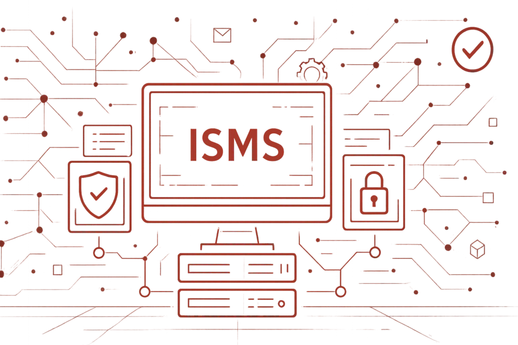 Digitale Grafik eines Monitors mit der Aufschrift ISMS, umgeben von Symbolen für Datensicherheit, Schloss und Schutzschild in rotem Farbdesign