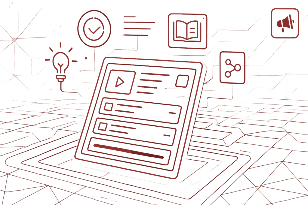 Digitale Grafik mit Interface-Elementen und Icons für Lernen, Ideen und Medien, Symbol für Online-Wissensaustausch