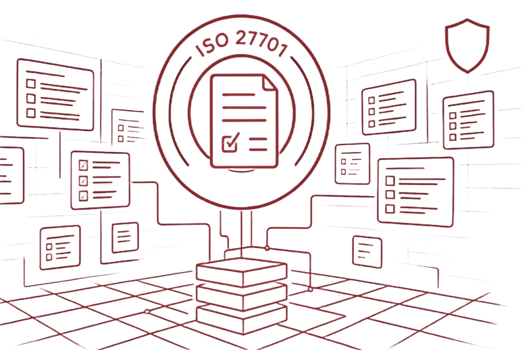 Grafik eines ISO-27701-Systems mit Dokument-Icon, Checkmark und zahlreichen verbundenen Modulen, die Datenschutz-Management und Zertifizierung visualisieren