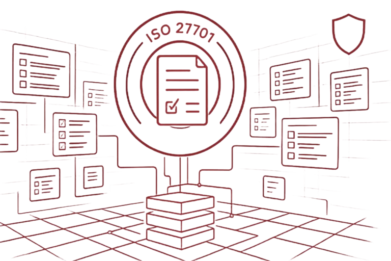 Grafik eines ISO-27701-Systems mit Dokument-Icon, Checkmark und zahlreichen verbundenen Modulen, die Datenschutz-Management und Zertifizierung visualisieren